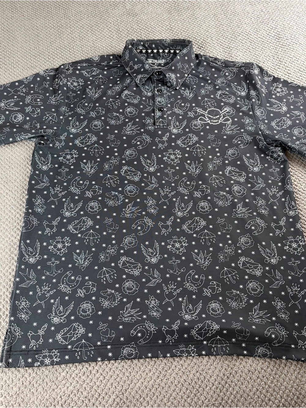 Men's Dark Gray Graphic Polo with White Tattoo Motif